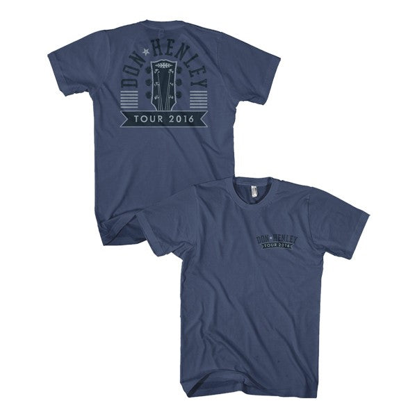 tee-blue-front "don henley tour 2016" on chest-back "tour 2016" with guitar  head