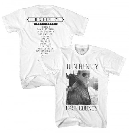 tee-white-front "Don Henley Cass County" with photo-back "Tour 2015" with tour cities