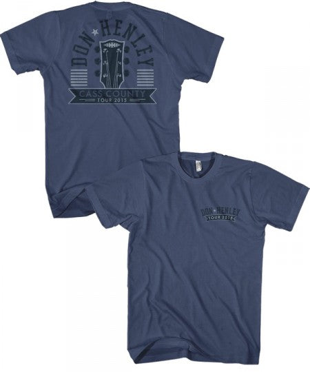 tee-indigo-front "Don Henley Tour 2015" on chest-back "Don Henley cass county tour 2015" with guitar head
