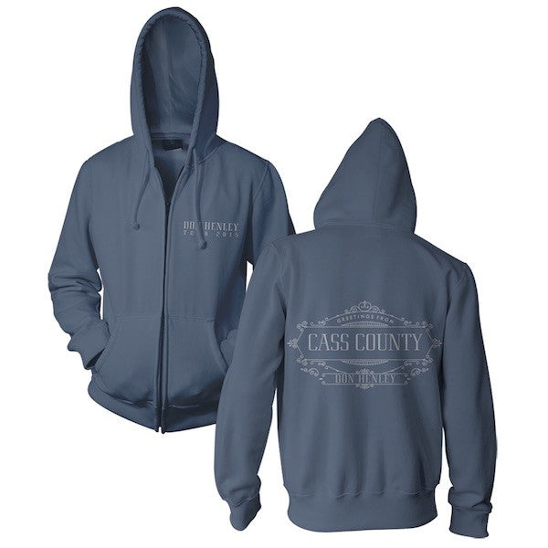 zip up hoodie-blue-"don henley" on chest-back "greetings from cass county"