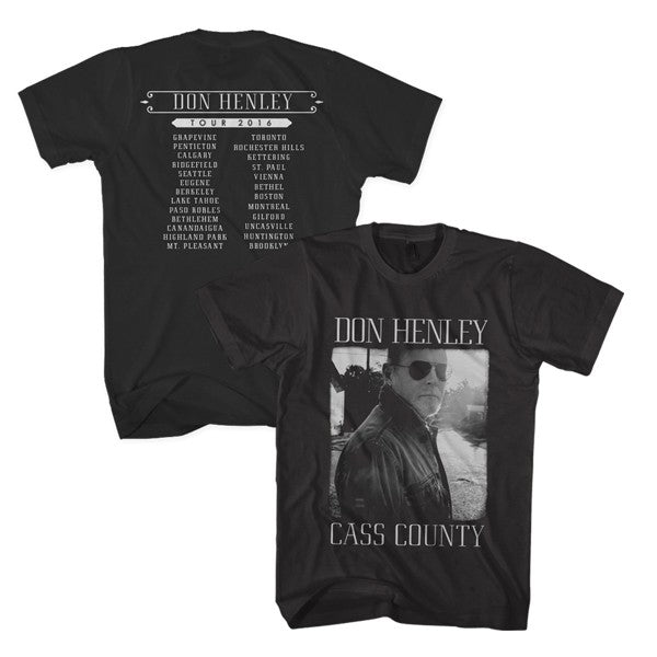 tee-black-front "Don Henley cass county" with photo-back "tour 2016" with tour cities