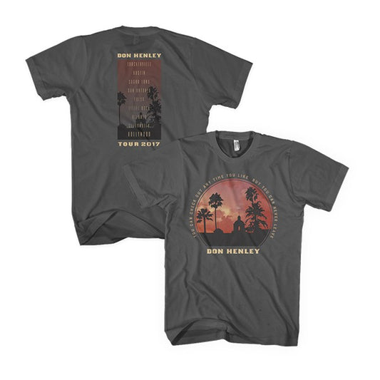 tee-grey-front hotel california lyrics with sunset and hotel building-back "Don Henley tour 2017" and tour cities
