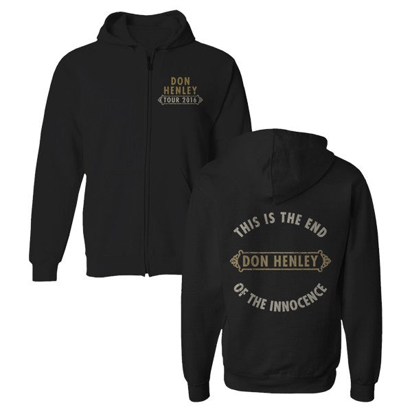 zip up hoodie-black-front "Don Henley Tour 2016" on chest-back "This is the end of the innocence"