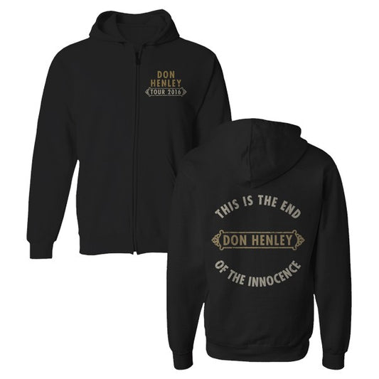 zip up hoodie-black-front "Don Henley Tour 2016" on chest-back "This is the end of the innocence"